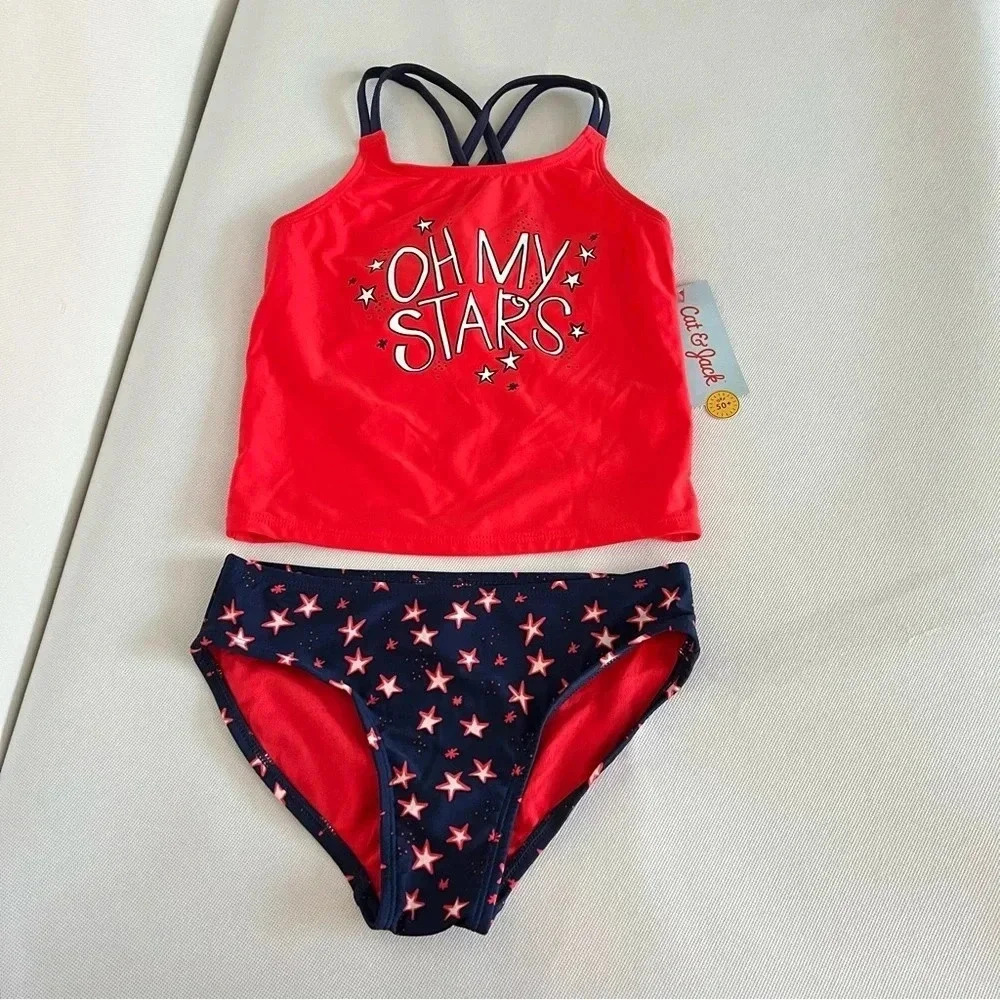 Oh My Stars Red/Blue Tankini Cat & Jack Girls Swimsuit 2 Piece Set Size Medium